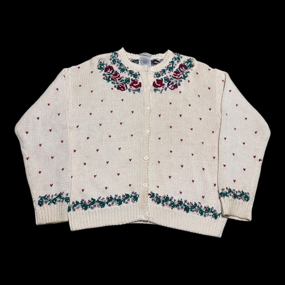 Vintage Cape Isle Knitters Heart Rose Hand Knit Cardigan Sweater Women's‎ L FLAW